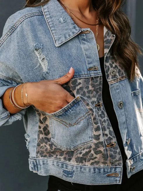 'Lioren' Partial Leopard Print Denim Jacket - Celes Fashion